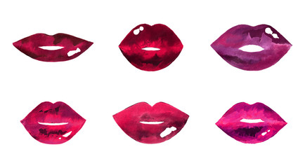 Women's lips set. Hand drawn watercolor lips isolated on white background.  Fashion and beauty illustration. Sexy kiss. Design for beauty salon, make-up studio, makeup artist, meeting website. 