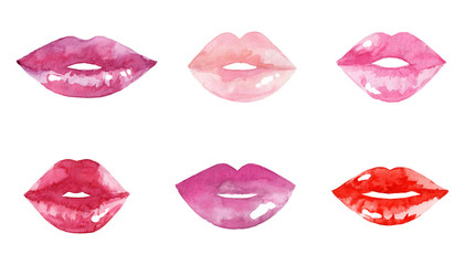 Women's lips set. Hand drawn watercolor lips isolated on white background.  Fashion and beauty illustration. Sexy kiss. Design for beauty salon, make-up studio, makeup artist, meeting website. 