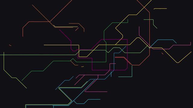 Animated motion graphics colored circuit board trace etching path lines grid