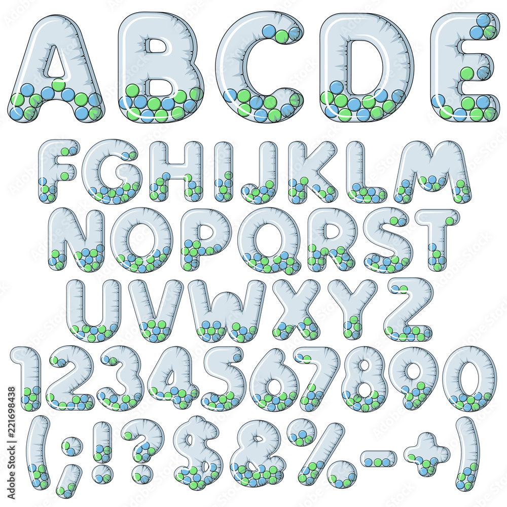Poster inflatable alphabet, letters, numbers and signs with balls. set of colored vector isolated objects o