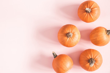 Autumn composition. Pumpkins on pastel pink background. Autumn, fall, halloween concept. Flat lay, top view, copy space