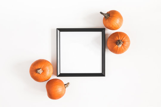 Autumn composition. Photo frame, pumpkins on white background. Autumn, fall, halloween concept. Flat lay, top view, copy space, square