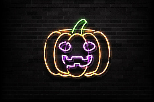 Vector realistic isolated neon sign of pumpkin for decoration and covering on the wall background. Concept of Happy Halloween.