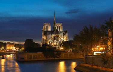 The Notre Dame Cathedral in the evening , Paris, France.