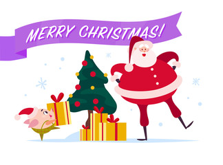 Vector flat Merry Christmas illustration with Santa Claus, cute pig elf at decorated New year fir tree carry gift box, xmas holiday congratulation isolated on white background. Web banner, package.