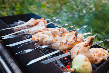 juicy chicken legs fried on skewers over coals