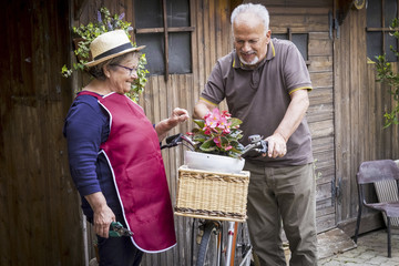 retired adult caucasian couple stay in the jardin at his own home to work on the plants and...