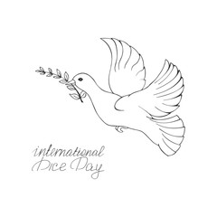 Hand-drawn pigeon with a twig in its beak and handwritten text. Symbol of the international day of peace. Vector illustration on white background.  