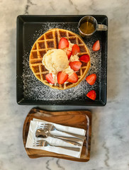 pancake and strawberry with ice cream