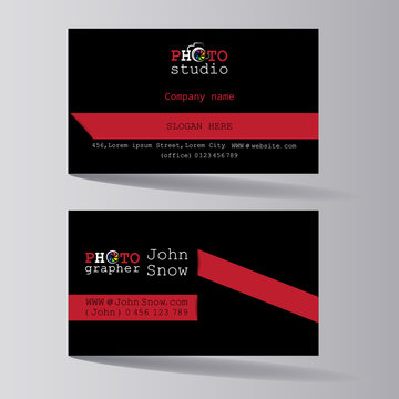 PHOTO STUDIO. Business card of the photographer. Business card template  from both sides, a creative business card of a photo artist, a photo studio worker, salon.