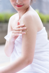 Fototapeta premium Portrait of beautiful asian people with close up view and close up hand massage in spa salon. Beauty, healthy, spa and relaxation concept.