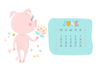 Creative calendar for June 2019 with cute pig. Concept, vector vertical editable template. Symbol of the year in the Chinese calendar. Funny cartoon characters.Vector illustration