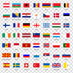All flags of the countries of the European Union. List of all flags of European countries with inscriptions and original proportions on transparent background. Flags for your web site design, logo.