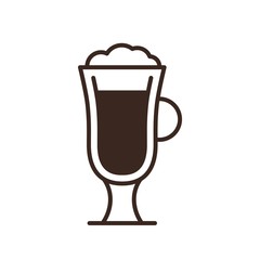 Cappuccino glass linear icon isolated on white background. Glass of hot drink with foam vector illustration. Coffee shop design element. Cafe or restaurant menu symbol. Coffee house outline pictogram.