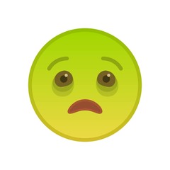 Sick emoticon isolated on white background. Diseased green emoji symbol with opened mouth. Social communication and internet chatting vector element. Invalid smiley face with facial expression