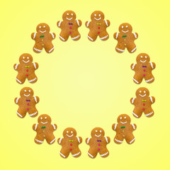 Christmas cookies on yellow background. Circle of cookies.