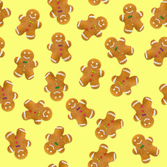 Fototapeta premium Christmas cookies on yellow background. Seamless pattern