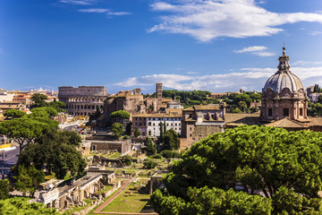 Fototapeta na wymiar View on the Santi Luca e Martina and Colosseum from Vittoriano