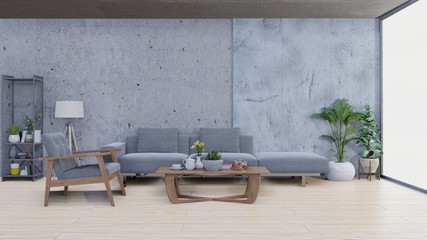 Living room, sofa,arm chair on cement wall ,3d rendering