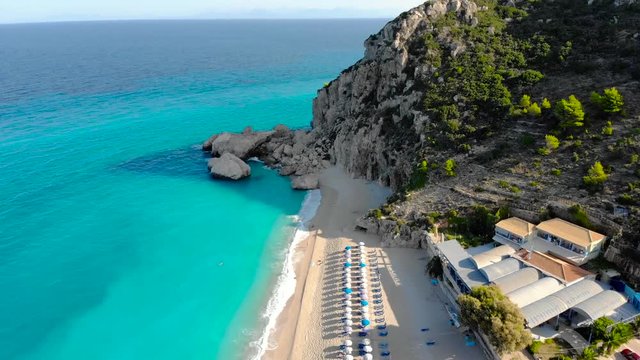 Aerial view on a large popular beach Kathisma on Greek island Lefkada.
