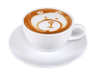Hot coffee latte art bear shape foam isolated on white background, clipping path included