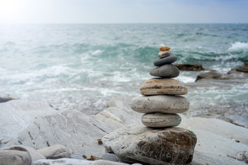 Balanced rocks on the beach. Relaxation concept