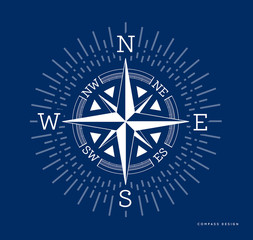 Compass vector illustration in flat style. Rose of the winds with starburst, sunburst ray elements