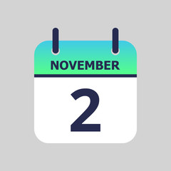 Flat icon calendar 2nd of November isolated on gray background. Vector illustration.