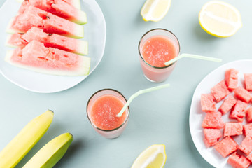 Watermelon smoothie with banana and lemon. Summer healthy refreshment drink