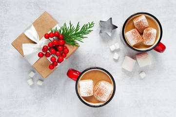 Festive Christmas composition with mug of hot chocolate