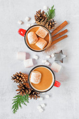 Festive Christmas composition with mug of hot chocolate with marshmallow