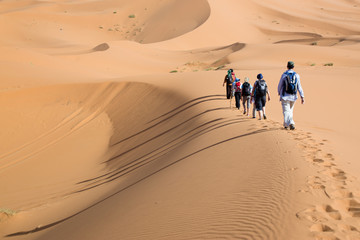 Fototapeta na wymiar Group of people walking on sand dunes