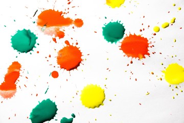 Drops of red, yellow and green paint are sprayed on a white background. A beautiful and colorful abstraction is created.