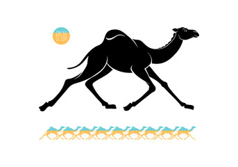 Black and colored graphic silhouette of a running arabic camel, wild dromedary. Vector illustration for tourism and travel around Egypt, isolated on background.