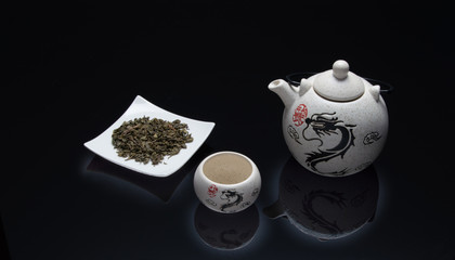 green tea with white tea set and dragon drawing