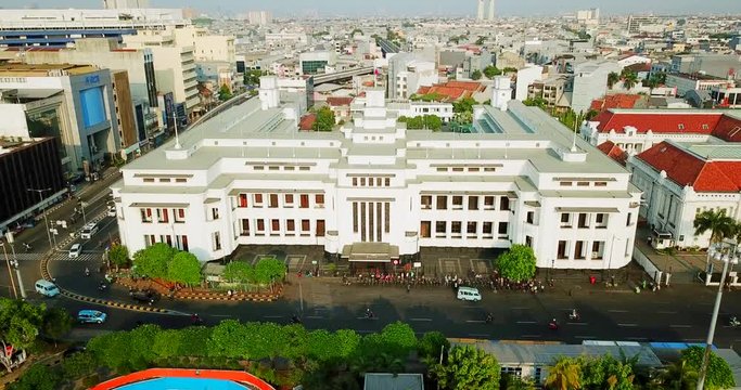 JAKARTA, Indonesia - September 05, 2018: Aerial shot of Mandiri Bank Museum building located in the Jakarta Old Town, shot in 4k resolution
