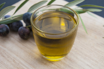 olive oil in a glass olive tree branch and olives