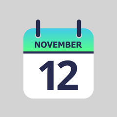 Flat icon calendar 12th of November isolated on gray background. Vector illustration.