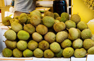 Durian fruit on a pile at the market