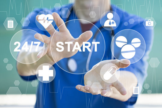 Doctor pressing button start healthcare on virtual panel medicine. - Powered by Adobe