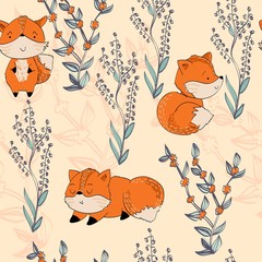 Vector hand drawn seamless pattern. Cute cartoon fox.