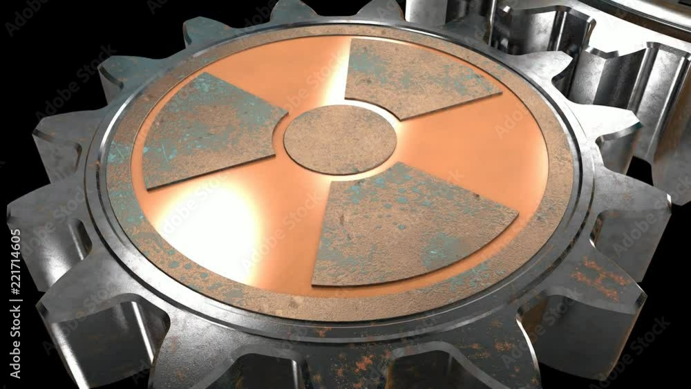 Poster 3D animation spinning gears with a symbol of nuclear power and gears with a developing futuristic city.