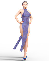 3D beautiful young attractive woman extravagant sexy loin dress.Woman studio photography.High heel.Conceptual fashion art.Seductive candid pose.Realistic render.Summer collection clothes