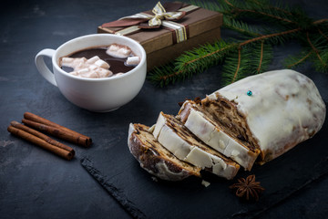 homemade christmas cake, pudding with christmas decoration