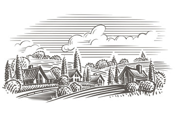 Countryside landscape engraving style illustration. Vector. Layered. 