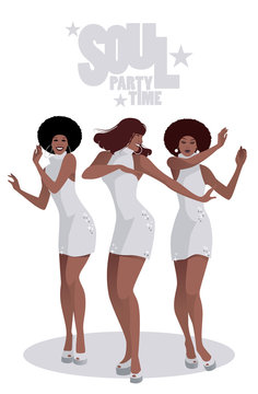 Three beautiful singers and soul dancers in the style of the sixties
