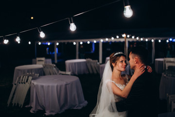 Romantic evening walk of the newlyweds.