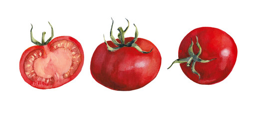 Two whole ripe tomatoes and half of a tomatoon white background.