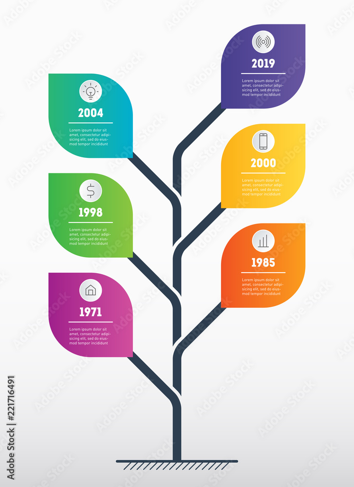 Poster Business presentation concept with 6 options. Web Template of service tree, info chart or diagram. Vector infographic of technology or education process with 6 points.