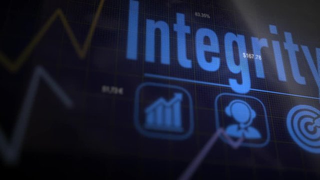 A Integrity business concept on a flashing computer monitor with moving graphs and data.